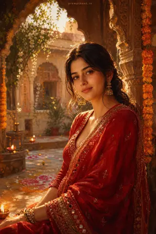 Example result of the Indian festival evening digital painting prompt: costume cues of rich silk fabrics plus intricate zari and mirrorwork