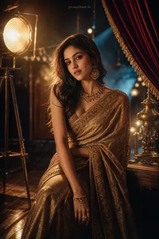 AI-edited photo of a person in a Indian film noir studio glamour scene with vintage velvet curtains