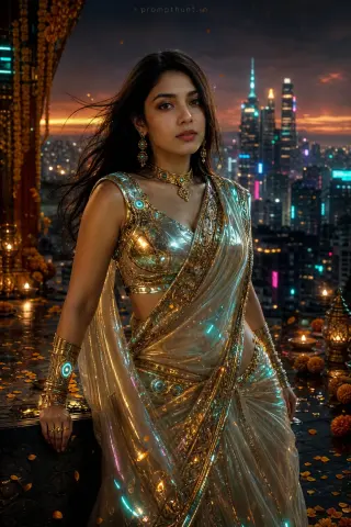 Example result of the Indian futuristic Bollywood CGI fashion AI photo prompt