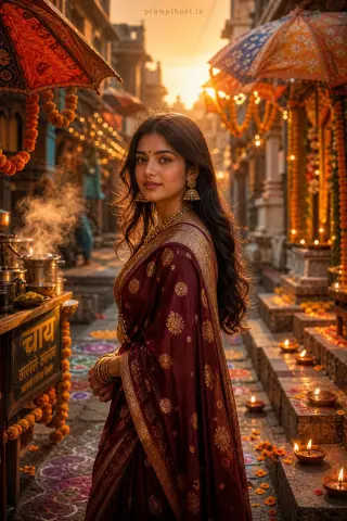 Thumbnail: Example result of the Indian heritage street festival prompt: narrow heritage street during golden hour and gold zari border