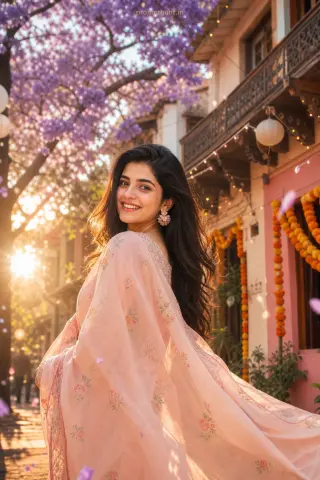 Example result of the Indian spring street fashion prompt: delicate string lights and paper lanterns plus warm golden-hour rim light