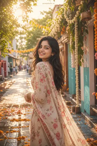 Thumbnail: Example result of the Indian spring summer street fashion prompt: sunlit Indian lane in spring/summer and scattered monsoon puddles reflecting color