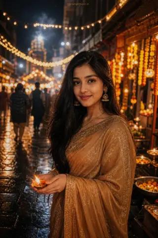 Indian street festive night portrait AI edit: metallic threads and delicate dupatta movement