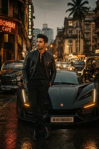 Example result of the Indian street hypercar nightscape prompt: warm golden hour mixed and cool neon reflections from shop signs