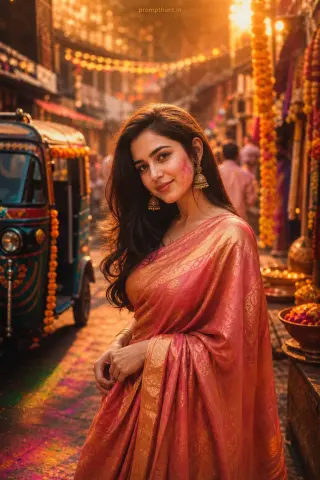 AI-edited photo of a person in a Indian streetfest color grading scene with narrow bustling bazaar plus painted auto-rickshaws and clay lamps