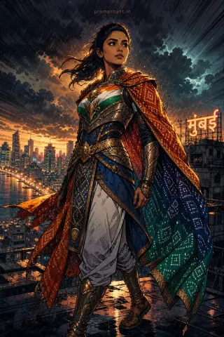 Example result of the Indian superhero comic book urban nightscape AI photo prompt