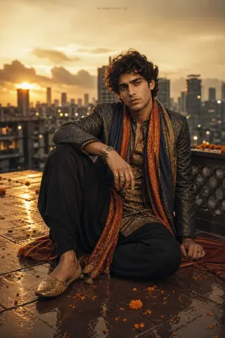 AI-edited photo of a person in a Indian urban chic editorial photography scene with structured bandh gala jacket