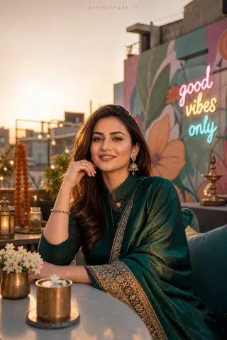 Thumbnail: Example result of the Indian urban luxe branding prompt: potted banyan and jasmine accents plus rich silk-drape fabrics