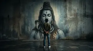 AI-edited photo of a person in a lord Shiva mural street art devotion scene with back facing the camera and aged concrete wall