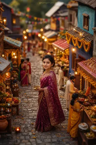 Thumbnail: Miniature diorama: Indian street scene AI edit: embroidered kurtas and woven dupattas