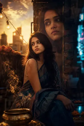 Moody AI photo of a woman sitting on a rooftop at dusk beside a brass pot with smoke, her large face reflected in the background