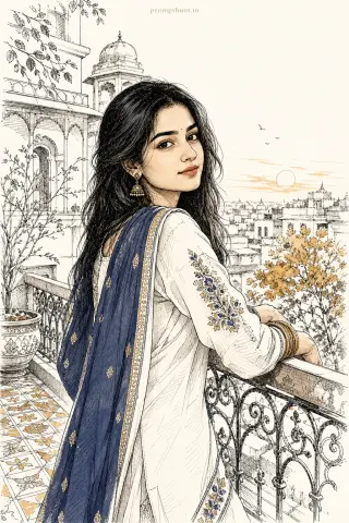 Thumbnail: Minimalist Indian line art portrait AI edit: serene urban-heritage terrace at golden hour and embroidered kurta sleeve