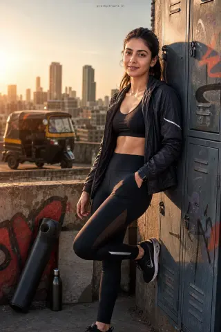 Thumbnail: Modern Indian athleisure street style AI edit: warm backlight and soft rim light plus graffiti accents