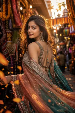 Example result of the modern Indian festival street style prompt: colorful fabric stalls and rich silk saree or embroidered kurta