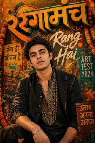 AI-edited photo of a person in a modern Indian typography art poster scene with vibrant urban-festival backdrop and layered paper textures