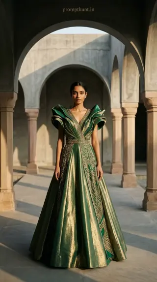 Example result of the modern luxury Indian editorial fashion prompt: intricate modern zari work