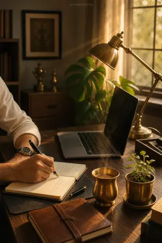 Modern minimalist Indian office & workspace AI edit: slim laptop and leather notebook