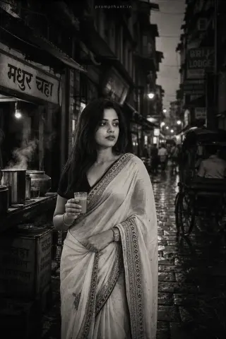 Monochrome aesthetic Indian street style AI edit: narrow Mumbai lane at dusk and blurred rickshaw wheels create depth