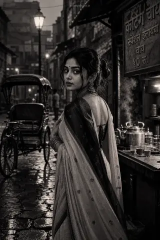 Example result of the monochrome minimalist Indian street fashion prompt: vintage cycle-rickshaw and a chai stall plus deep shadows and gentle rim lig