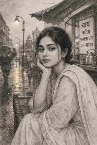 Example result of the monsoon street cafe portrait pencil sketch AI photo prompt