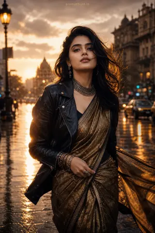 Example result of the monsoon urban high-fashion modeling & posing AI photo prompt