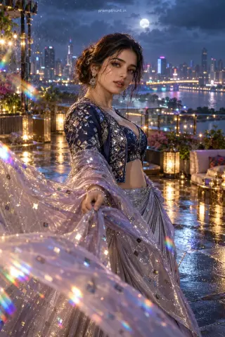Moonlit Monsoon AI Photo Prompt for Girls – Rooftop Glamour — AI photo editing prompt