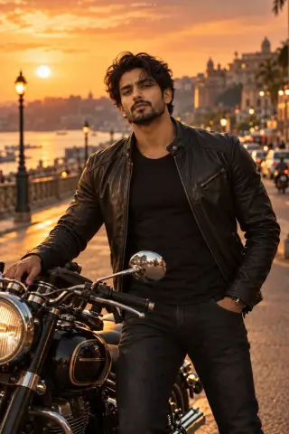 Motorcycle Hero AI Photo Prompt for Boys – Sunset Waterfront