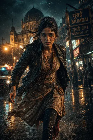 Mumbai Monsoon Action Hero Cinematic Street Chase AI Photo Editing Prompt