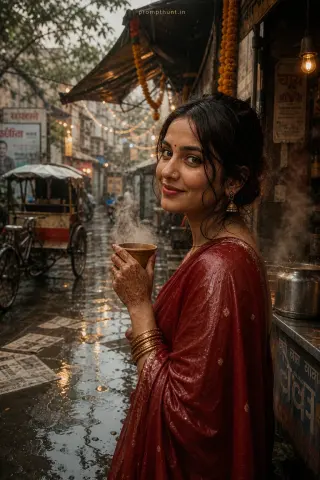 Example result of the Mumbai monsoon street storytelling prompt: narrow Mumbai lane after rain and warm diffused overcast light