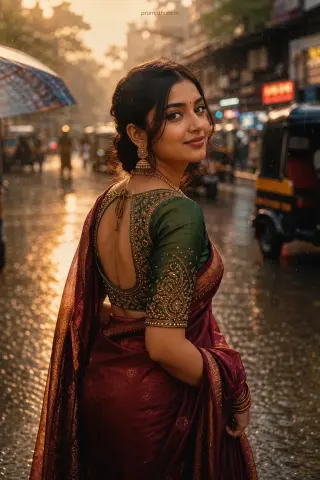 AI-edited photo of a person in a Mumbai monsoon street style photorealism scene with embroidered dupatta or kurta fabric plus metallic bangles and wet