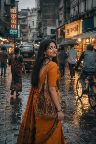 Example result of the Mumbai monsoon streetscape vintage film AI photo prompt
