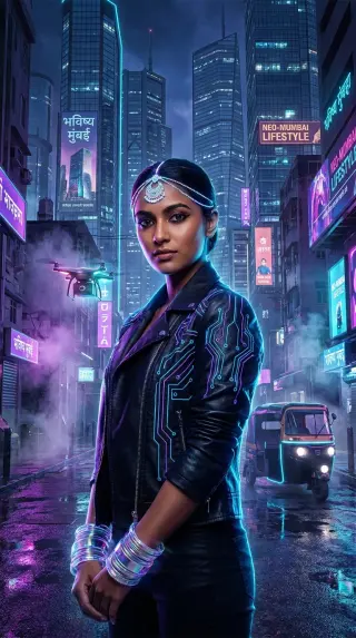 Example result of the Mumbai neocyberpunk street warrior prompt: sleek black leather jacket and fiber optic lights