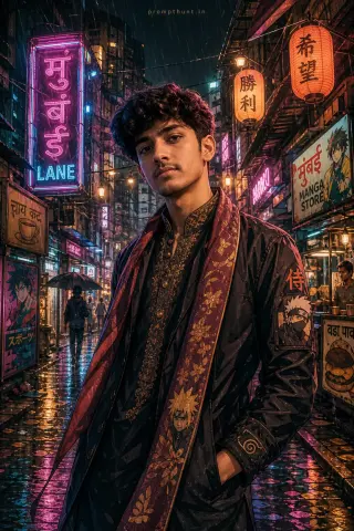 Example result of the Mumbai neon anime street style AI photo prompt