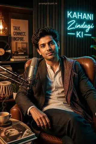 Example result of the Mumbai podcast studio retro neon lights prompt: linen kurta plus warm ambers and teal highlights