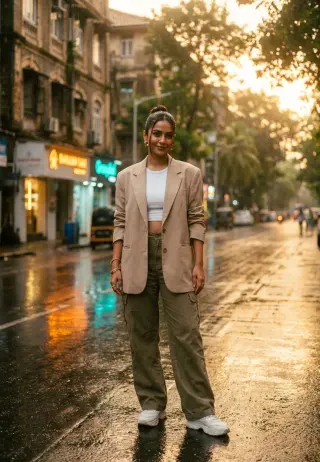 AI-edited photo of a person in a Mumbai street style urban chic scene with minimal gold jewelry