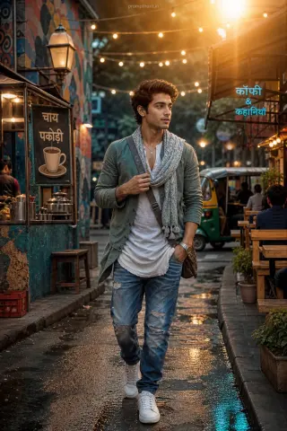 Example result of the Mumbai streetstyle neon nights urban lifestyle AI photo prompt
