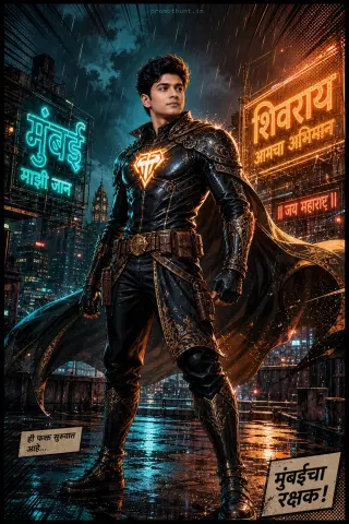 Thumbnail: AI-edited photo of a person in a Mumbai superhero comic book nightscape scene with rain-slick Mumbai rooftop at night and glossy lacquered leather