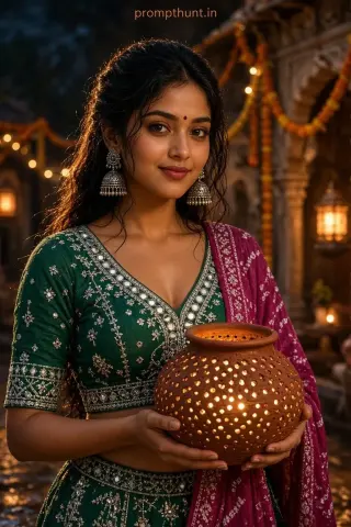 Navratri AI Photo Prompt for Girls – Garbo Lamp Courtyard Look — AI photo editing prompt