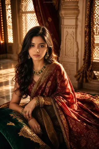 Example result of the opulent Indian heritage glamour prompt: side a sunlit palatial haveli and carved marble pillars