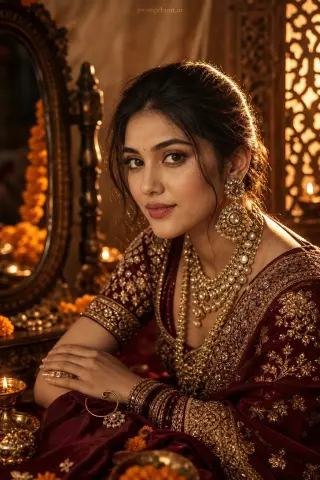 Thumbnail: Opulent Indian jewelry & accessories AI edit: warm golden-hour lighting and soft bokeh plus layered gold necklaces