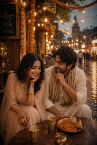Romantic Indian street cafe evening AI edit: delicate zari accents and light shawl