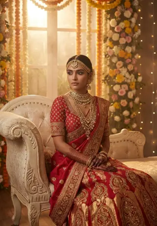 Example result of the royal Indian bridal glow portrait prompt: intricate zardozi embroidery and deep maroon mehndi
