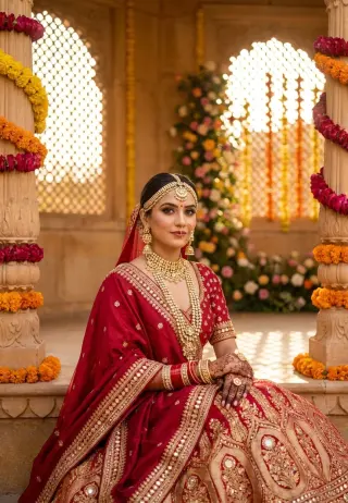 Royal Indian bride glam wedding AI edit: a woman with intricate zardozi embroidery and mirror work plus golden border catching the light