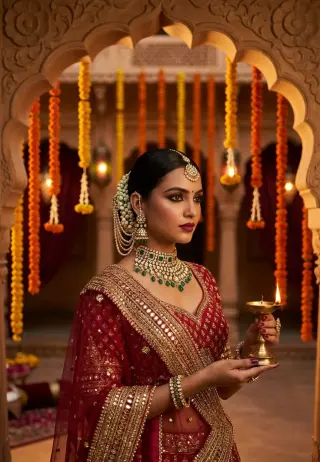 Example result of the royal Rajasthani bridal couture high-fashion editorial prompt: rich warm tones of saffron plus burgundy and gold