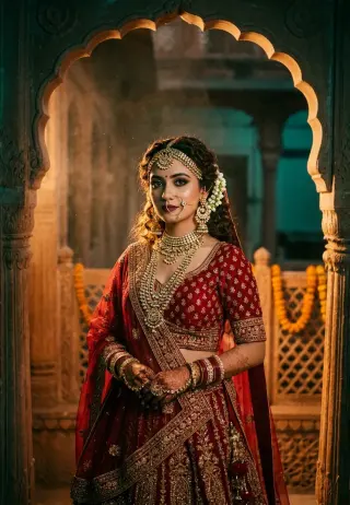Rajasthani Bride Bollywood Crimson Gold AI Photo Editing Prompt — AI photo editing prompt