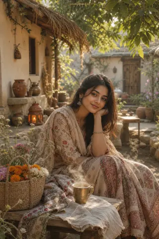 Thumbnail: Example result of the rustic Indian cottagecore garden prompt: marigolds and jasmine