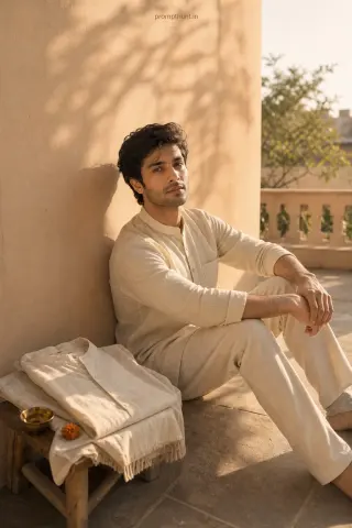 Serene minimalist Indian aesthetic AI edit: sunlit Indian inner courtyard or balcony and warm beige