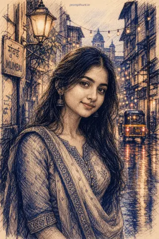 Thumbnail: Example result of the urban monsoon ballpoint pen portrait AI photo prompt