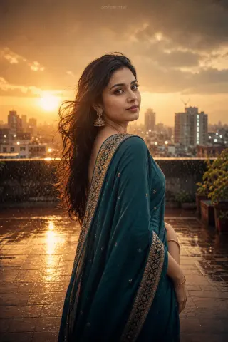 Example result of the vibrant film grain street portrait prompt: rooftop monsoon scene at golden hour and sari or kurta fabric textures emphasized