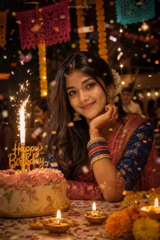 AI-edited photo of a person in a vibrant Indian birthday greeting scene with rich marigold garlands and frosted cake